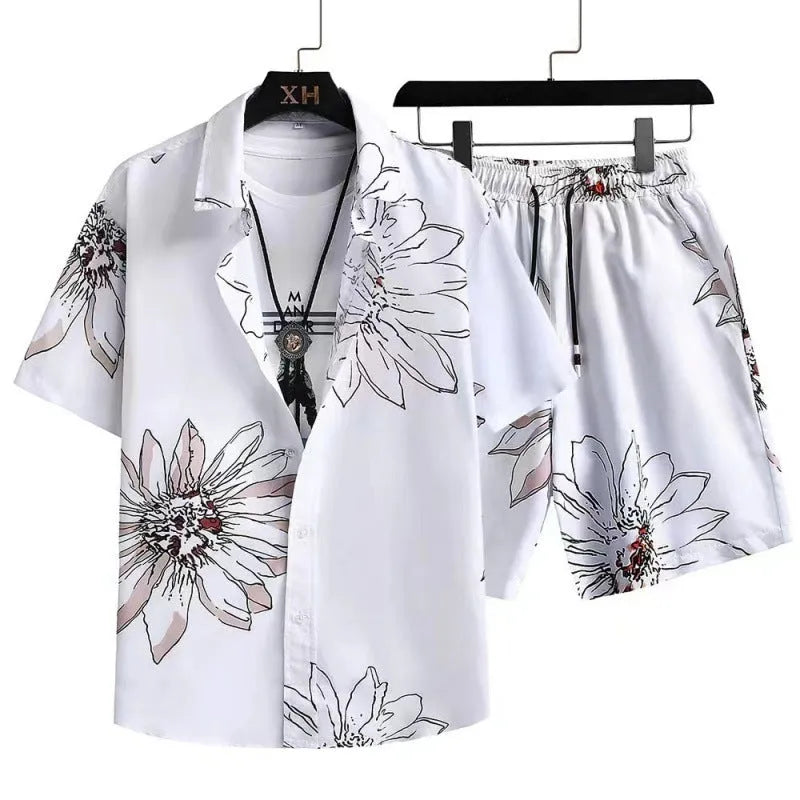 Men's casual digital print cardigan suit with short sleeves and matching shorts on a hanger.