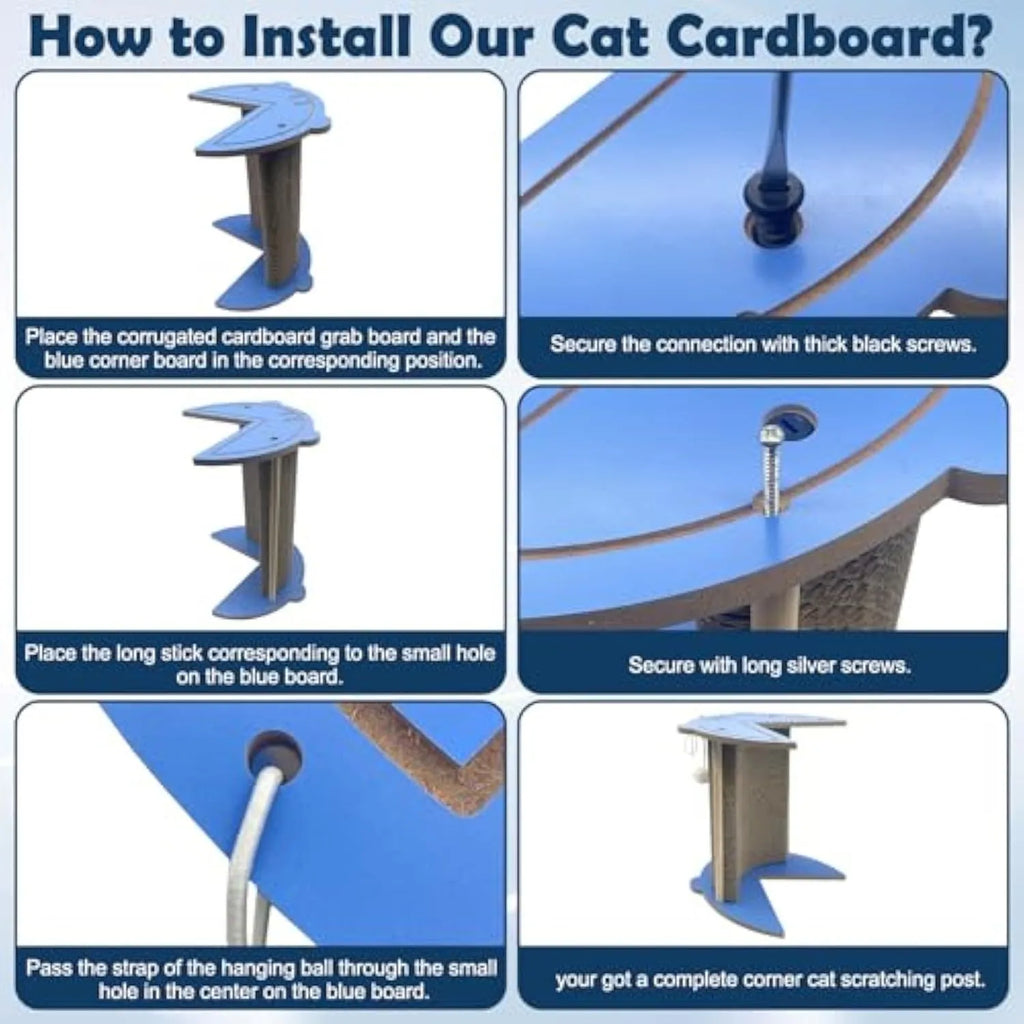 Triangular corner cat scratching pad with hanging ball toy against wall