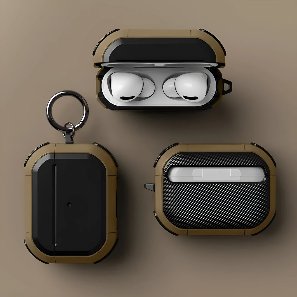 Black protective hard shell case for Apple AirPods Pro and AirPods 1/2 on a white background.