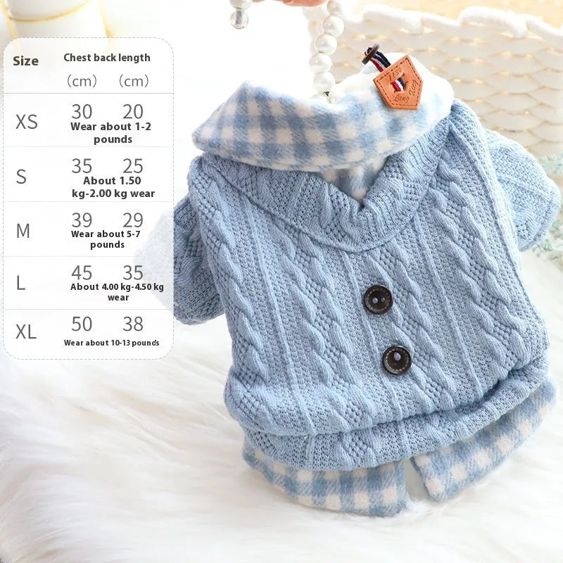 Blue wool plaid fleece-lined dog sweater faux two-piece design on small dog