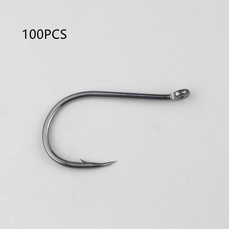 Bulk pack of barbed alloy carbon steel fishing hooks in various sizes for sea fishing.