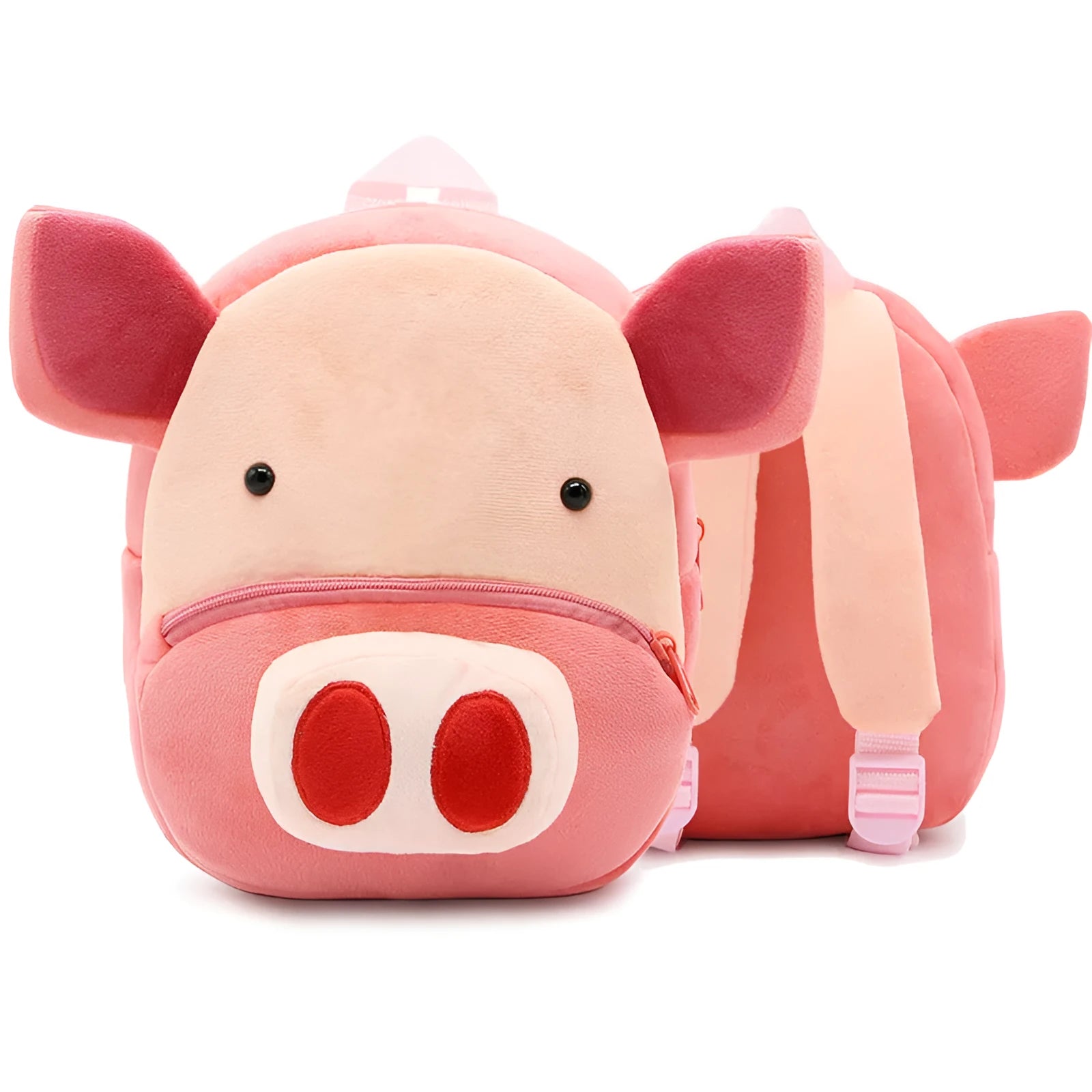 Children's plush animal backpack with zipper opening showing elephant design and dimensions 26x24x10cm