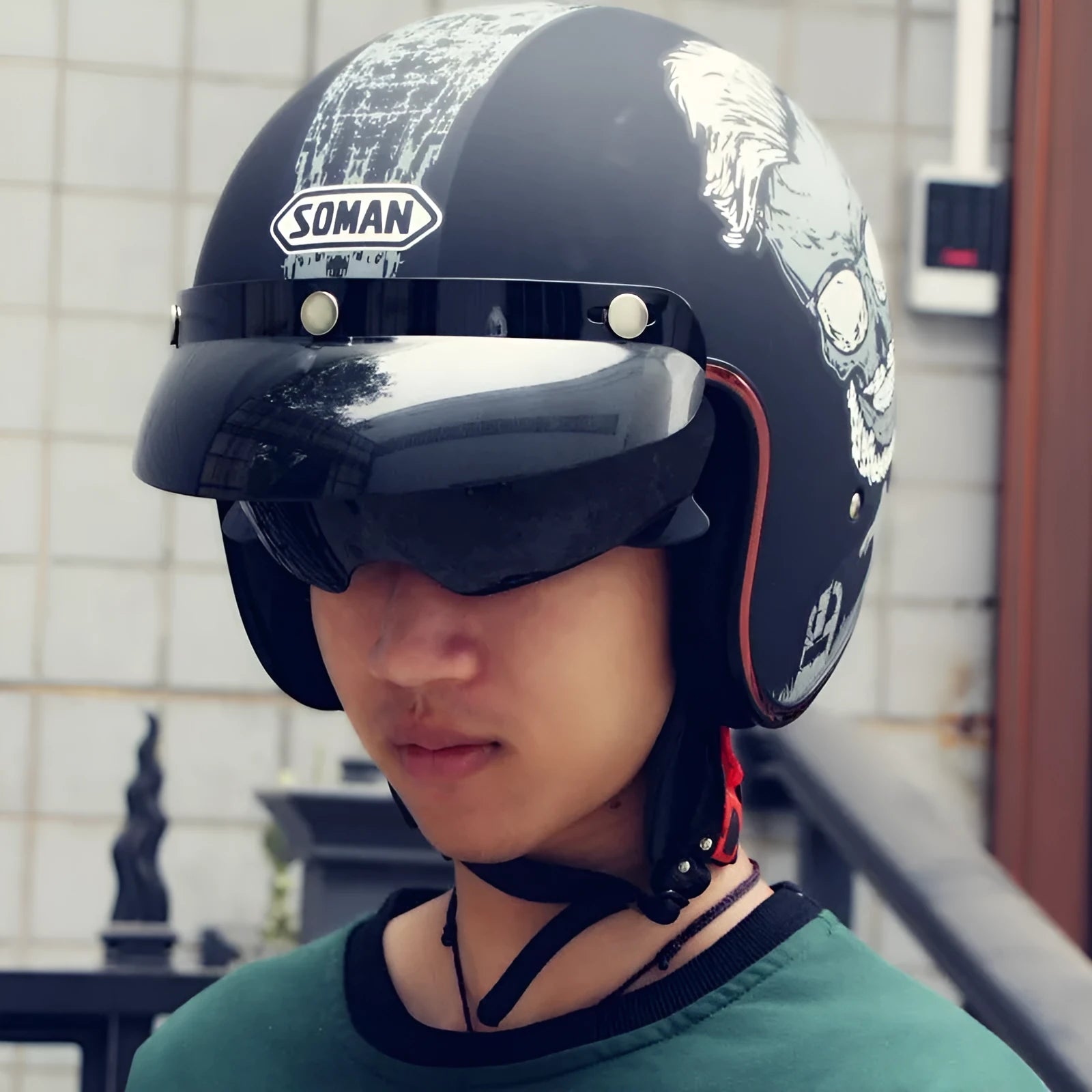 Retro-style ABS half helmet for electric riding shown in multiple colour options with sizing chart