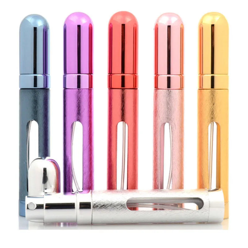 12ml aluminium portable perfume bottle in bullet shape with glass liner, shown in six colour options.