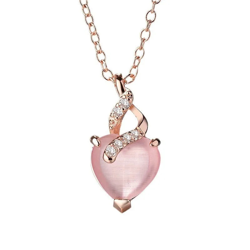 Women's heart-shaped pink synthetic crystal pendant necklace with rose gold electroplated chain