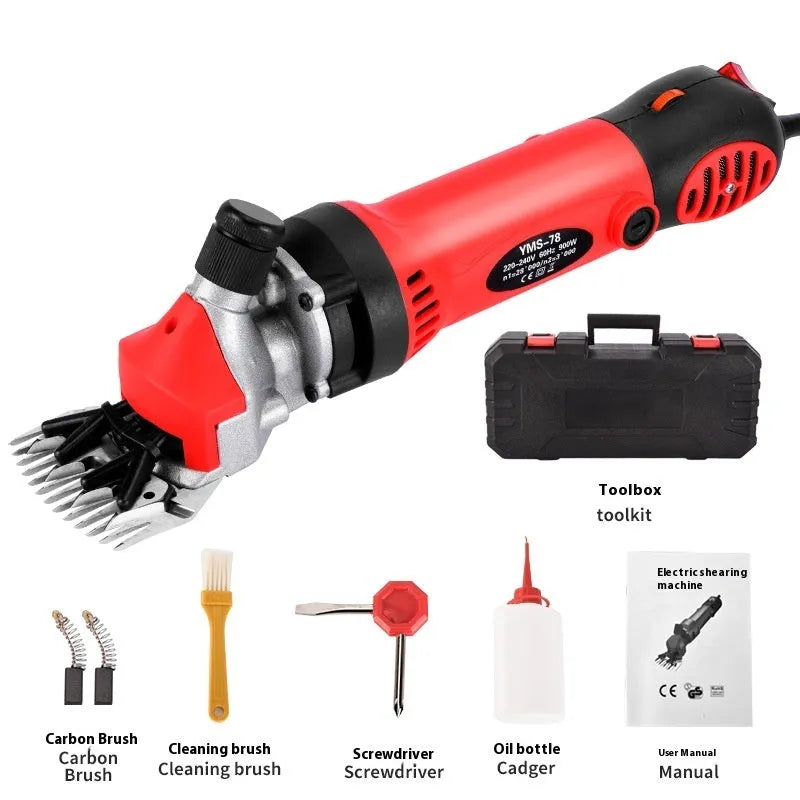 Yellow electric wool shears with 13-tooth straight blade and multiple accessory sets