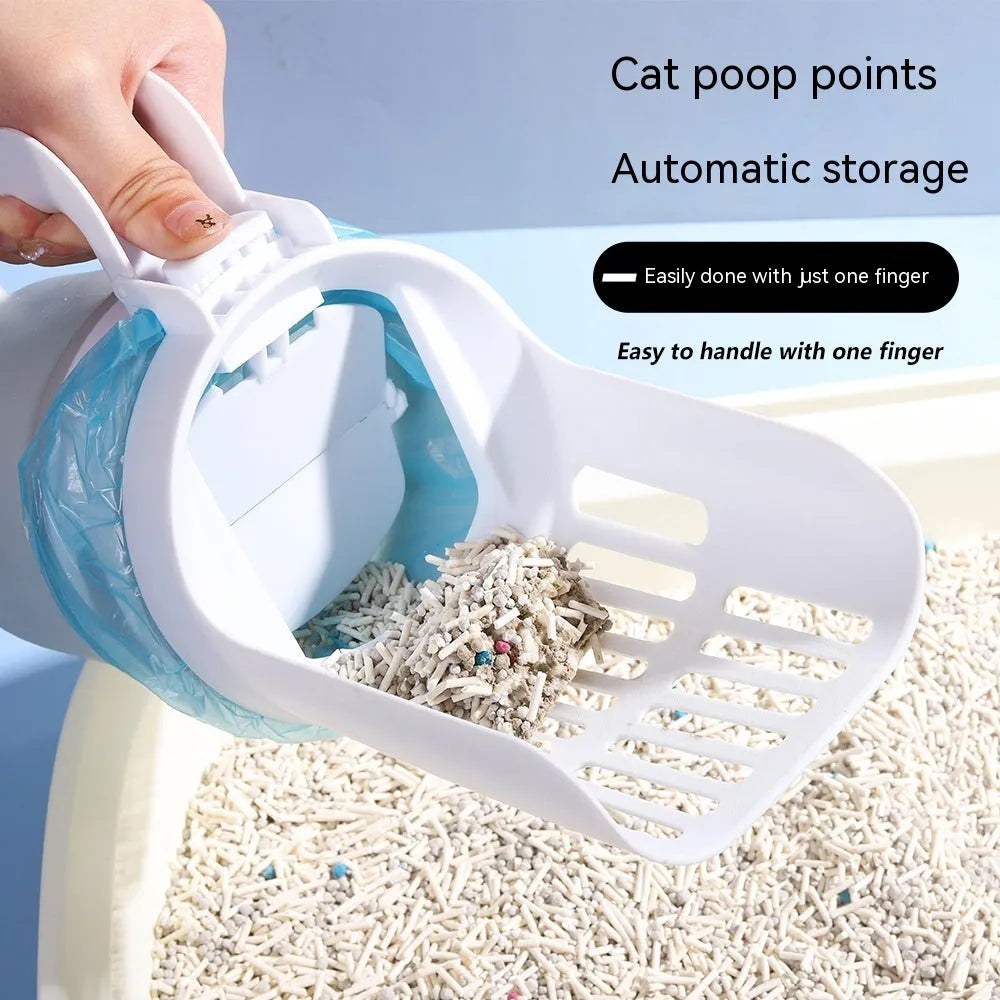 Grey cat litter scoop system with integrated waste bin and foldable base, shown beside a litter tray.