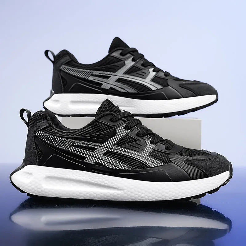 Casual popcorn sole sneaker with breathable KPU mesh upper, non-slip, in white, black, and light gray, sizes 39-46