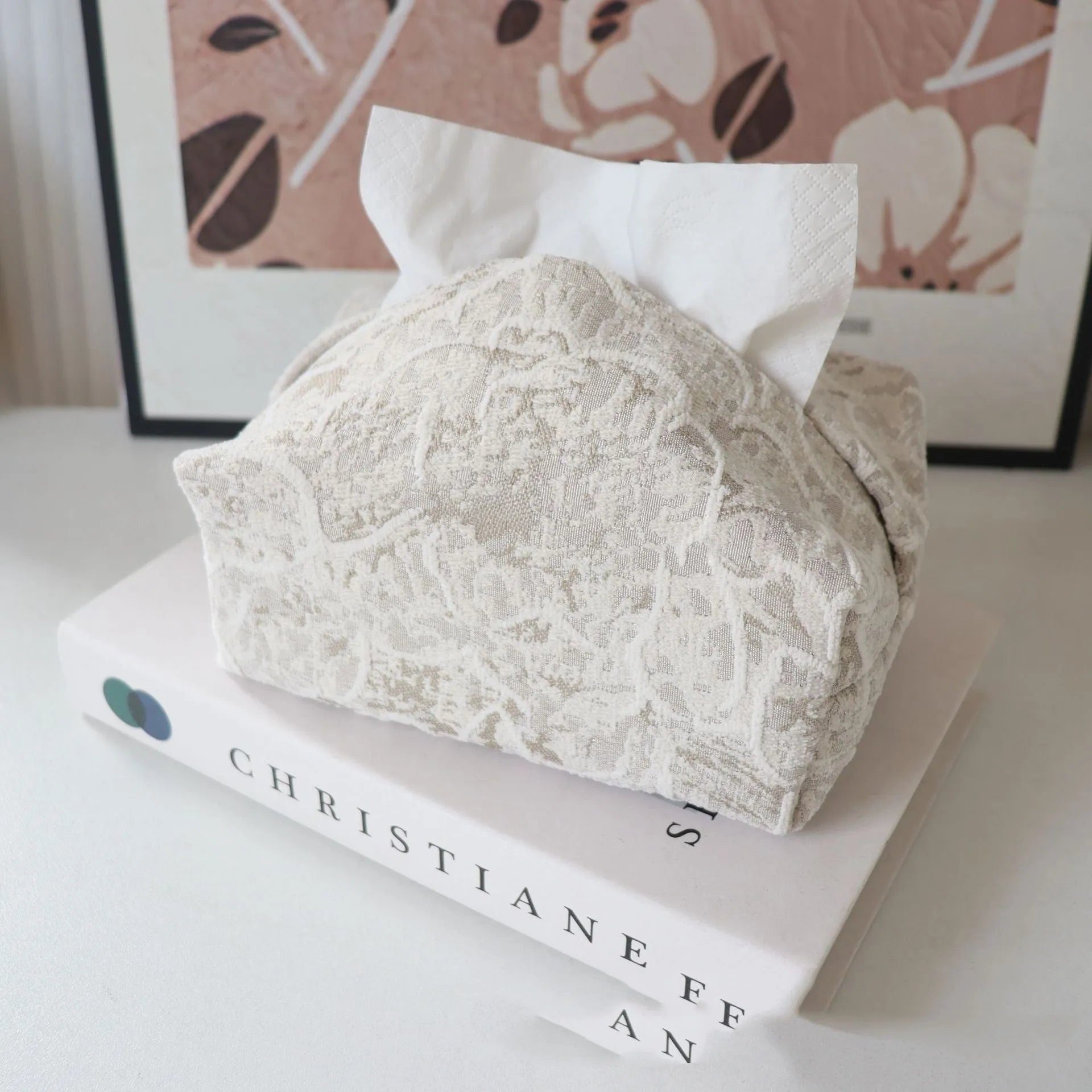 Chinese style pastel floral cotton tissue box in beige, blue, or brown for living room