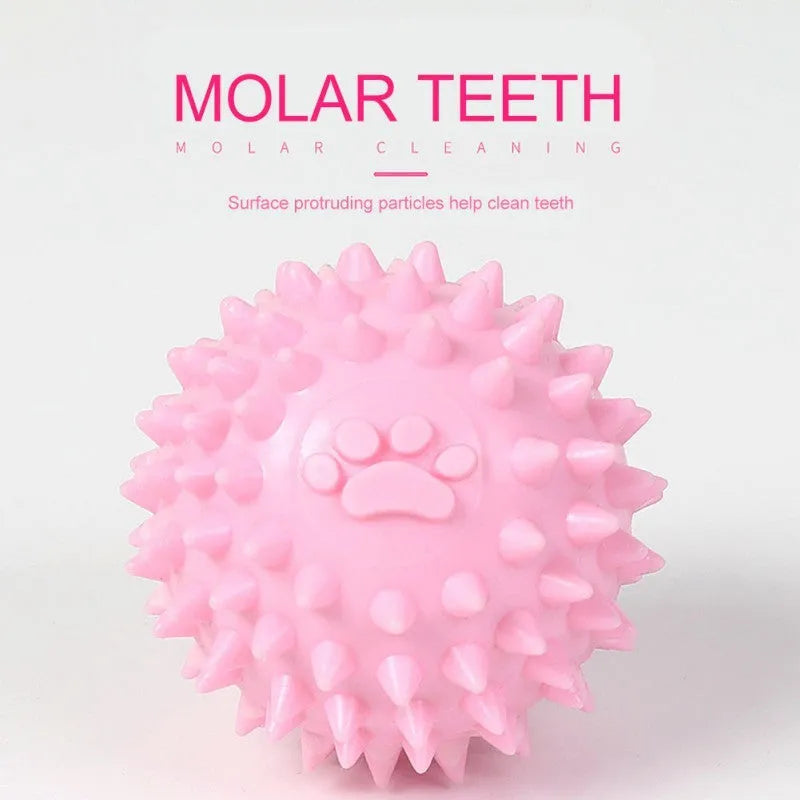 Blue TPR dog chew ball with footprint texture, 6cm diameter, for tooth cleaning and play.