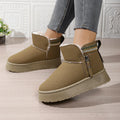 Women’s suede side zipper platform snow boots in black with wool lining and round toe