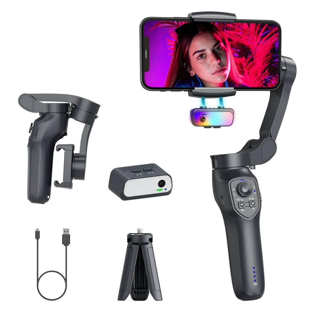 Gun colour foldable handheld smartphone gimbal stabiliser with pistol grip in collapsed position