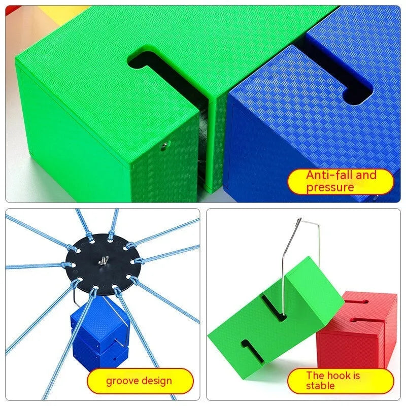 Set of coloured ABS plastic blocks, ropes, and a frame for outdoor group building games and team challenges.