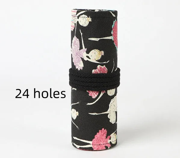 Square canvas pencil case with ballet girl print, showing elastic loops inside for organising pencils.