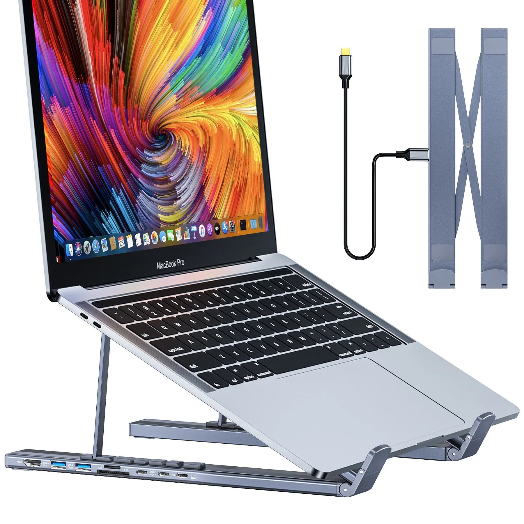 Silver aluminium folding laptop stand with integrated multi-port docking hub and HDMI port