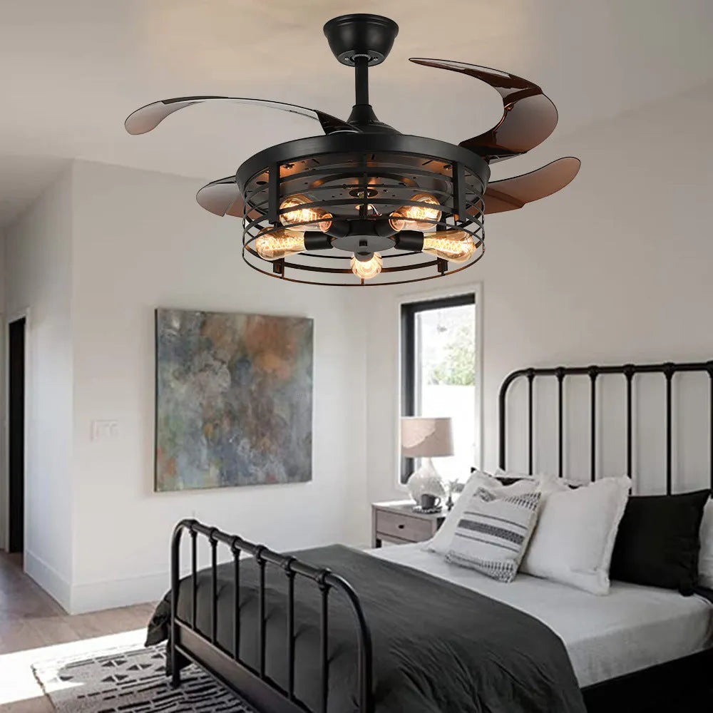 American retro style industrial wind invisible ceiling fan lamp with acrylic shade and remote control