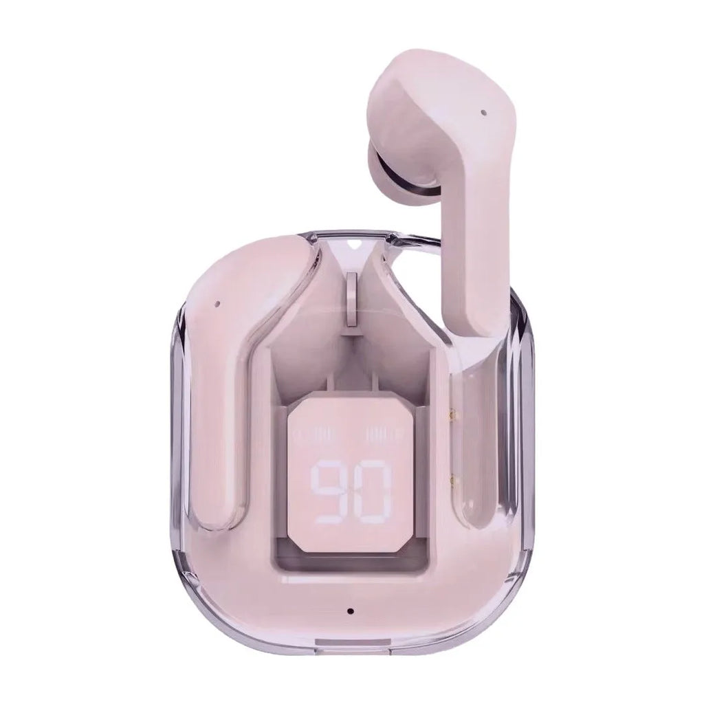 Transparent case Bluetooth earphones showing internal components with digital display screen