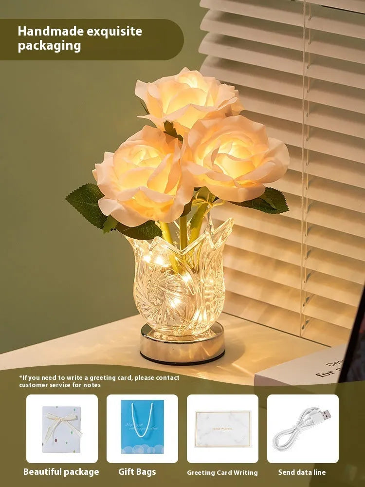 Crystal flowers rechargeable touch control table lamp with infinite dimming on bedside table