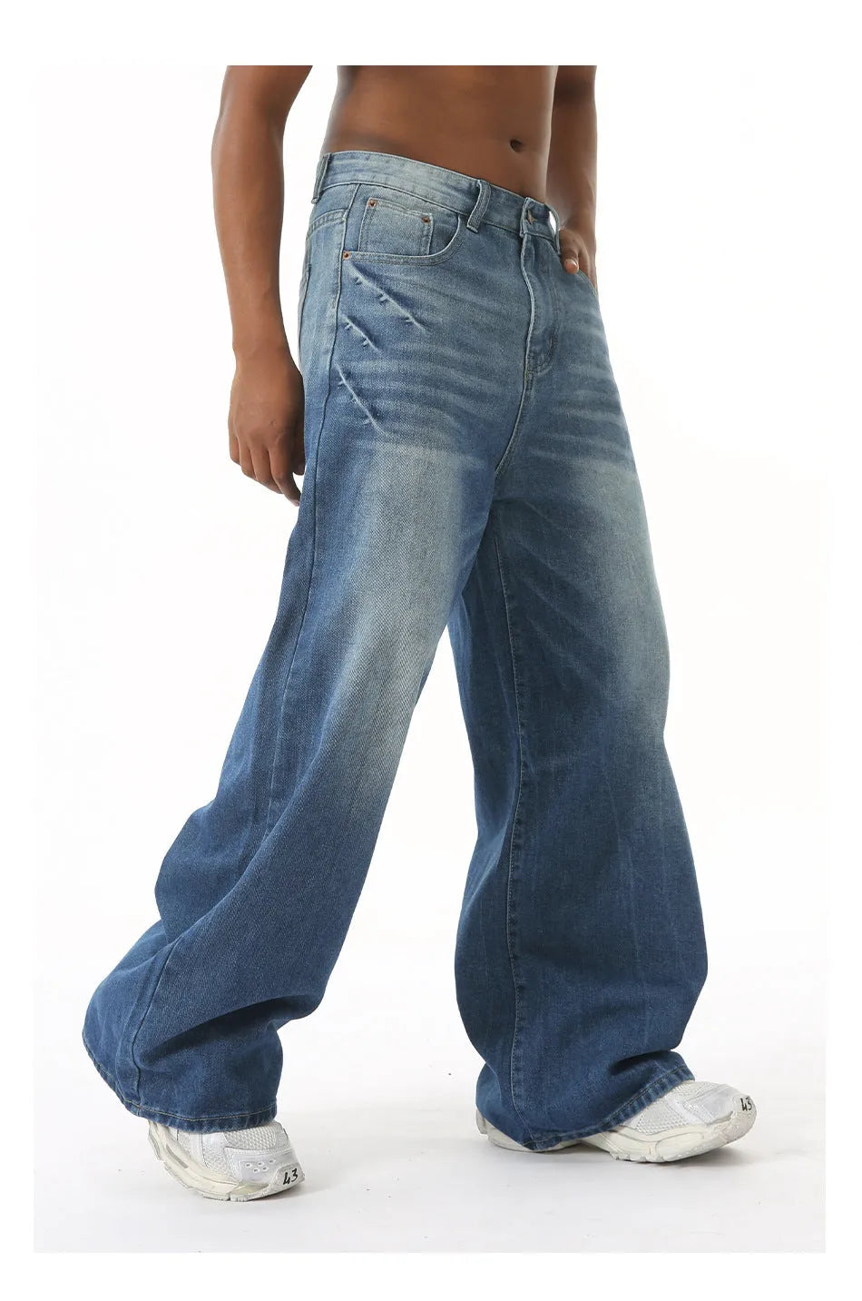 Men's retro washed light blue straight wide leg jeans with zipper fly, front view