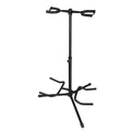 Black vertical double-headed adjustable iron guitar stand on a floor