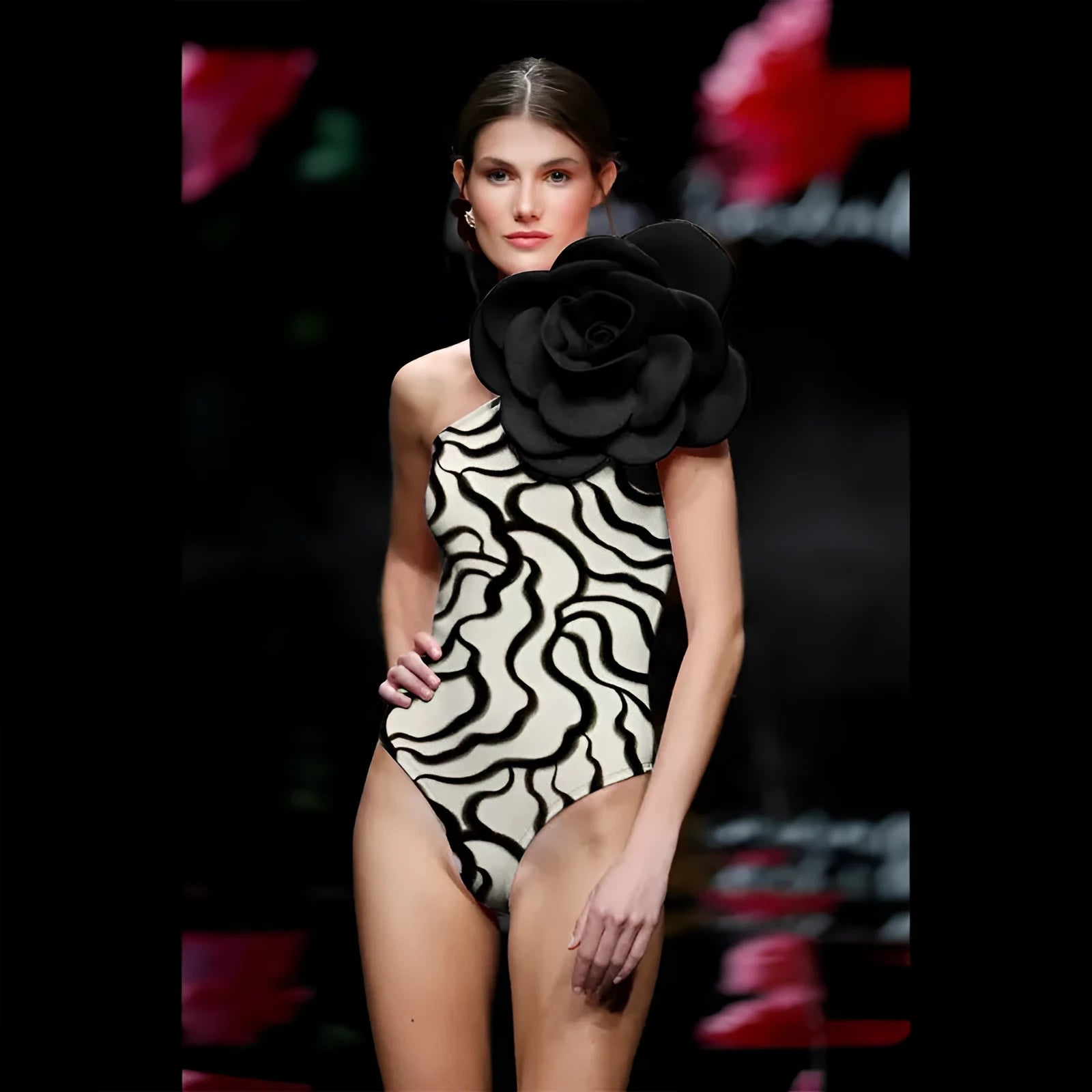 Women's one-piece swimsuit with three-dimensional flower design in polyester fabric for swimming