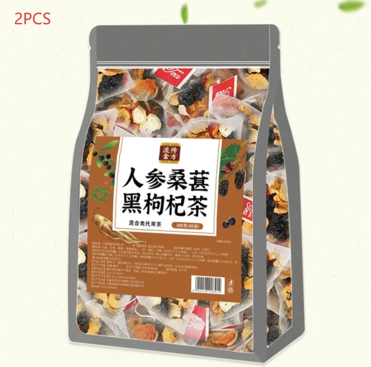 A bag of ginseng and black wolfberry tea containing 40 individual 5g sachets.