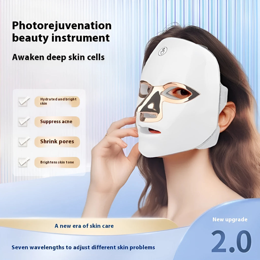 Rechargeable manual touch LED beauty mask for facial skincare in black, white, and rose gold.