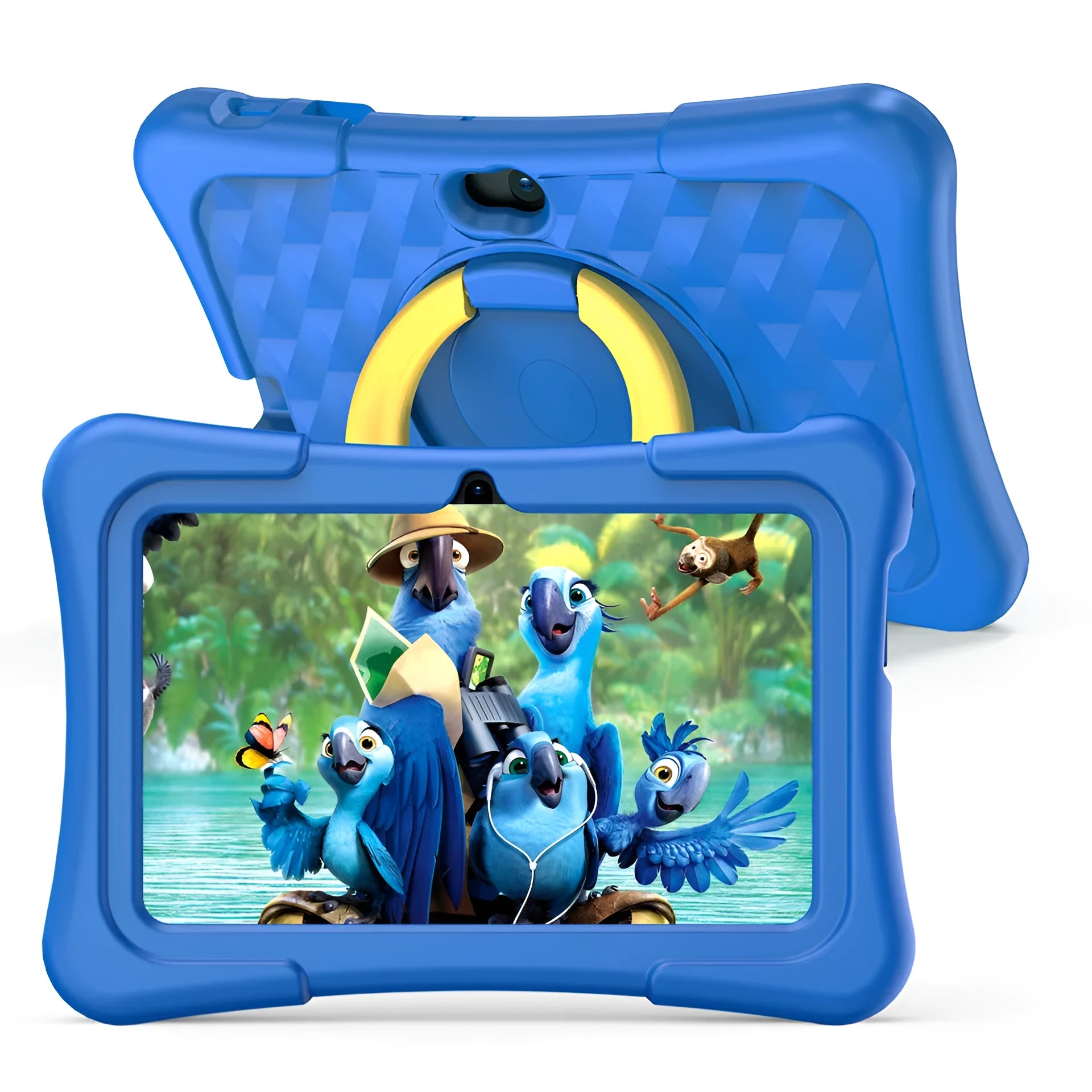 Blue children's 7-inch educational tablet with silicone protective cover and rotating handle bracket