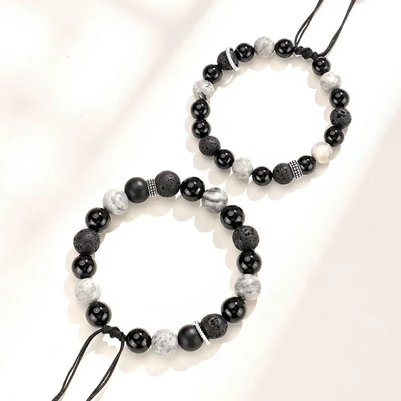 Diamond-shaped black agate map stone volcanic rock bracelet in New Chinese style.