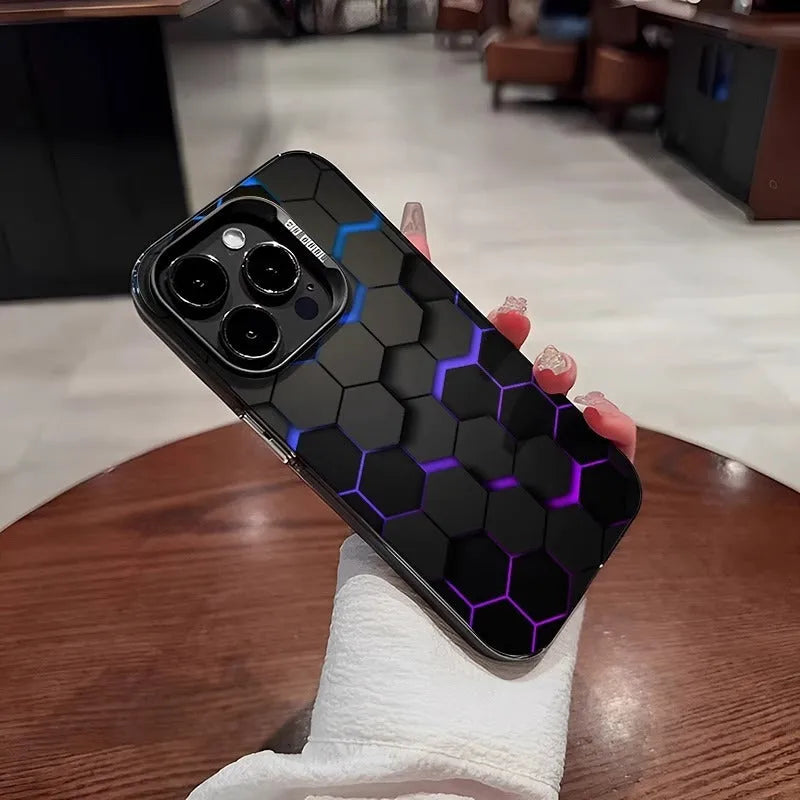 Frosted protective phone case for Apple iPhone with honeycomb texture in Moonlight Black colour.