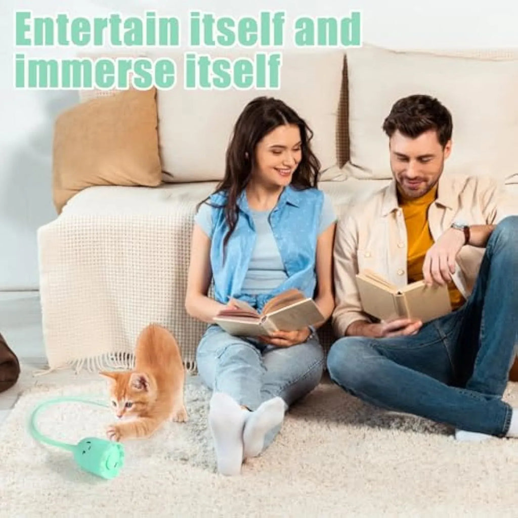Green electronic cat wand toy with swinging silicone tails for automatic interactive pet play