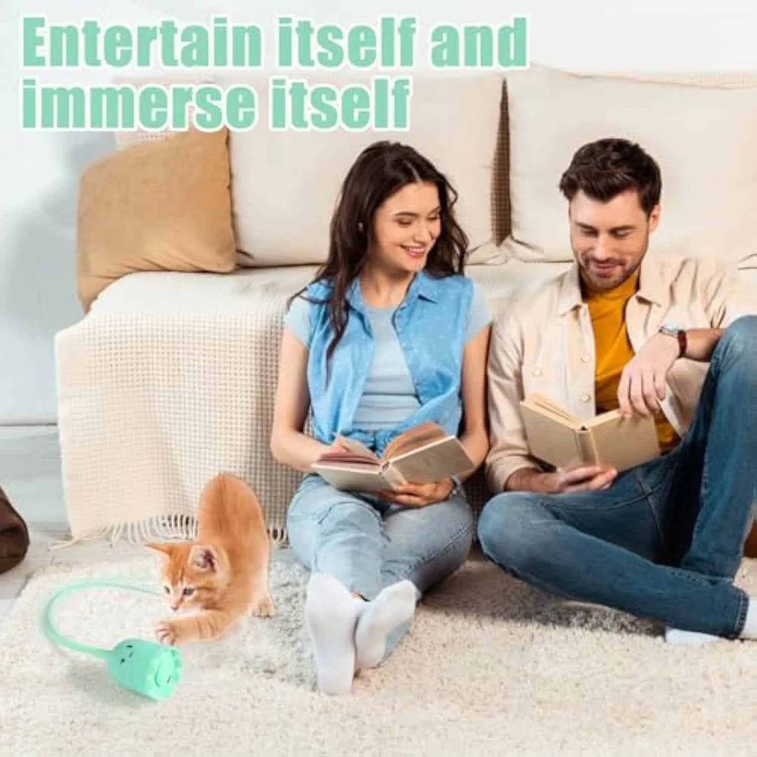 Green electronic cat wand toy with swinging silicone tails for automatic interactive pet play