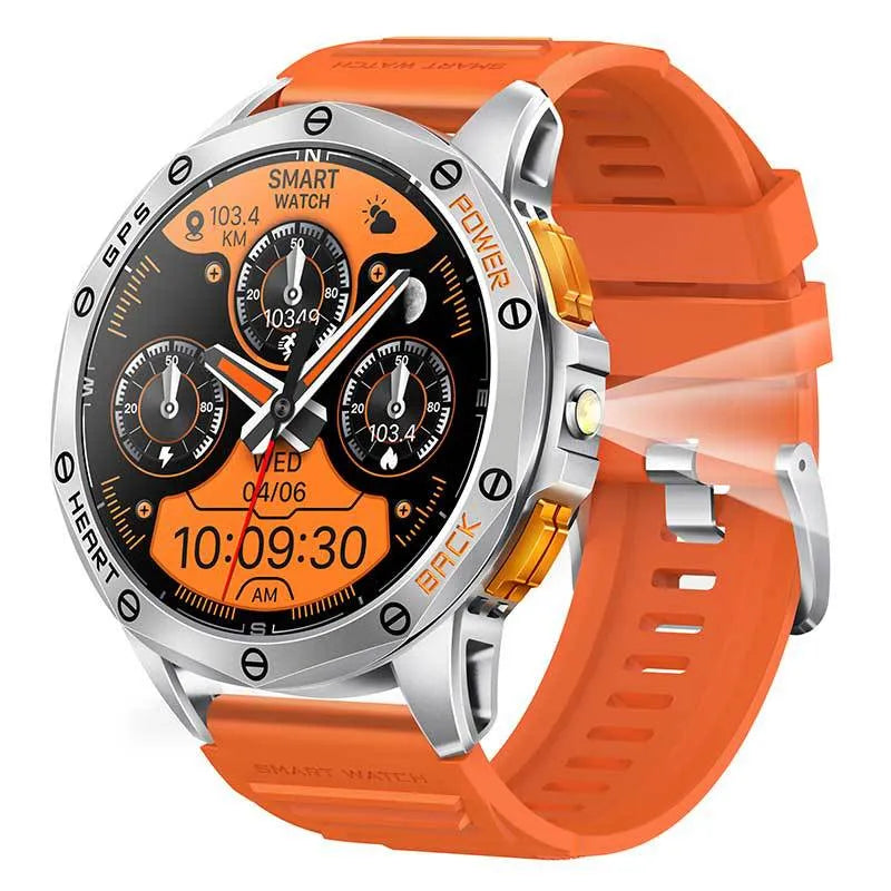 K67 AMOLED smart watch with metal body, Bluetooth calling, and compass displayed in black colour