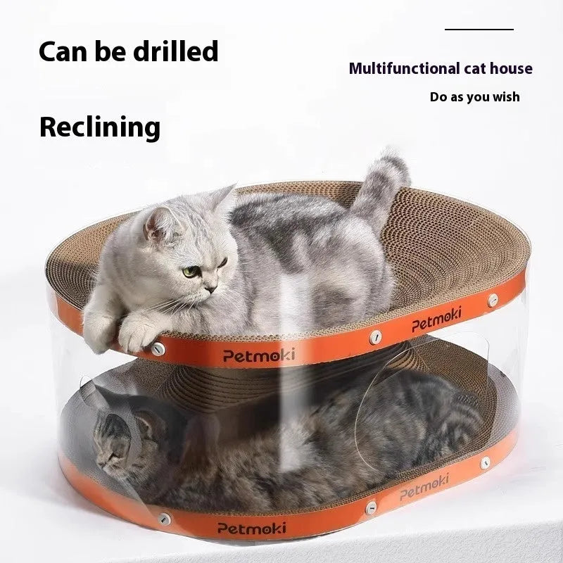 White transparent PVC cat tunnel with diamond pattern and integrated scratch board base