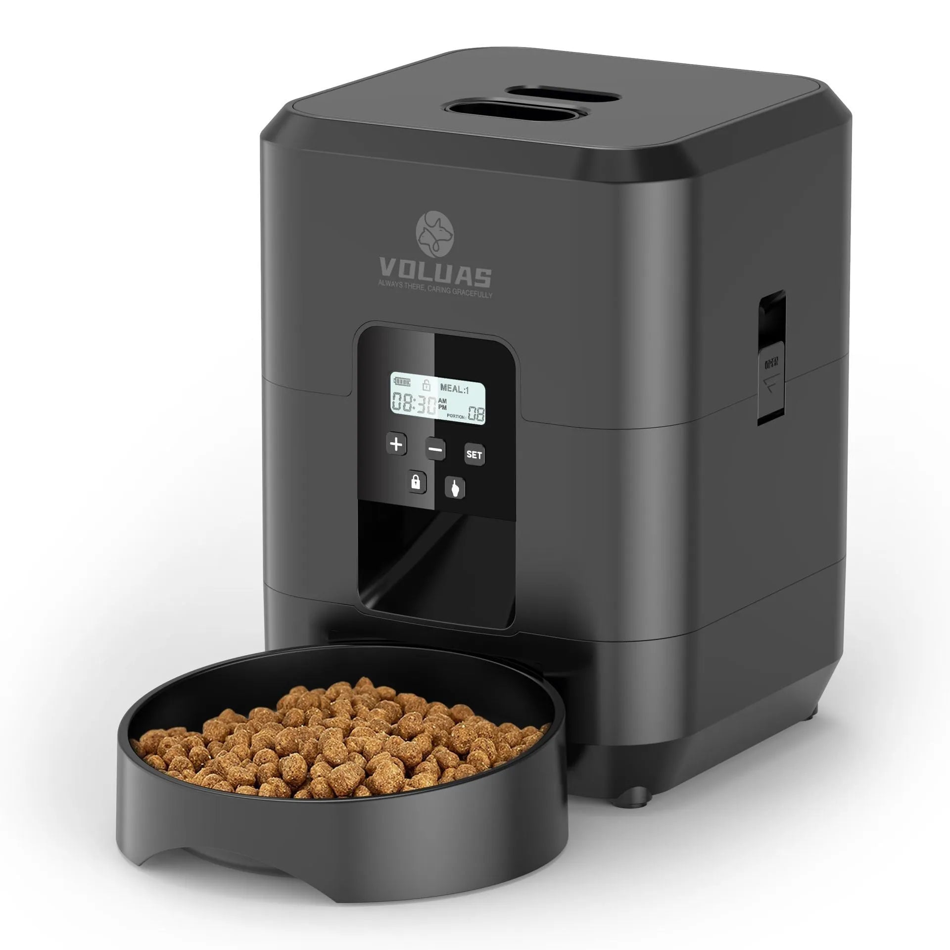 Automatic cat feeder in white or black with programmable timing and remote control options