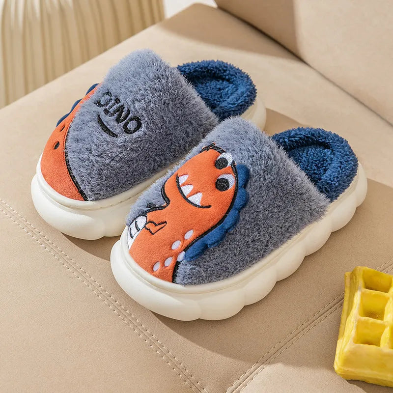 Cotton plush slippers in dinosaur colours for indoor couple wear