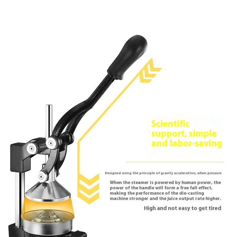 Black and white manual cast iron juice press with stainless steel funnel, 40cm tall.