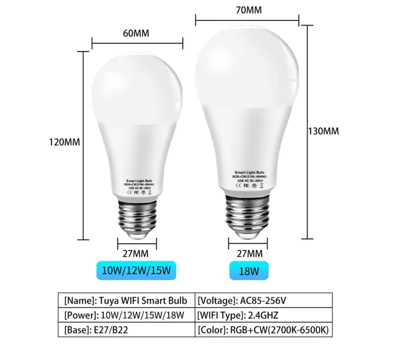 Tuya WiFi RGB smart bulb with E27 screw base, 10W-18W options, works with Alexa and Google Home