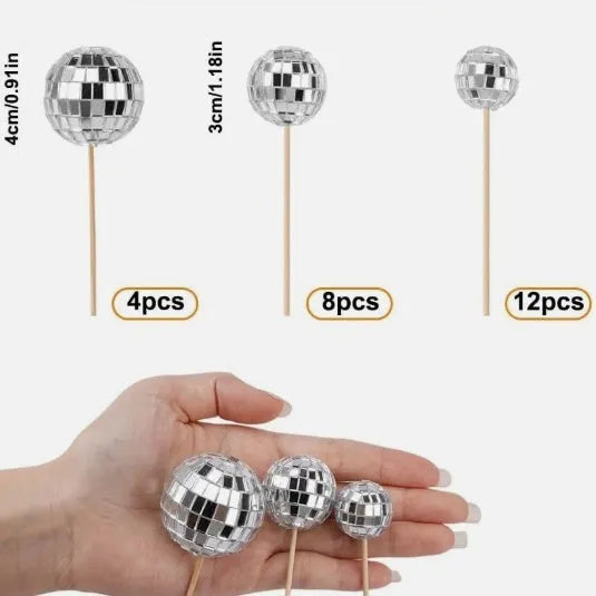 Glass disco ball cake decoration on wooden stick available in four sizes from 2.5cm to 5cm diameter