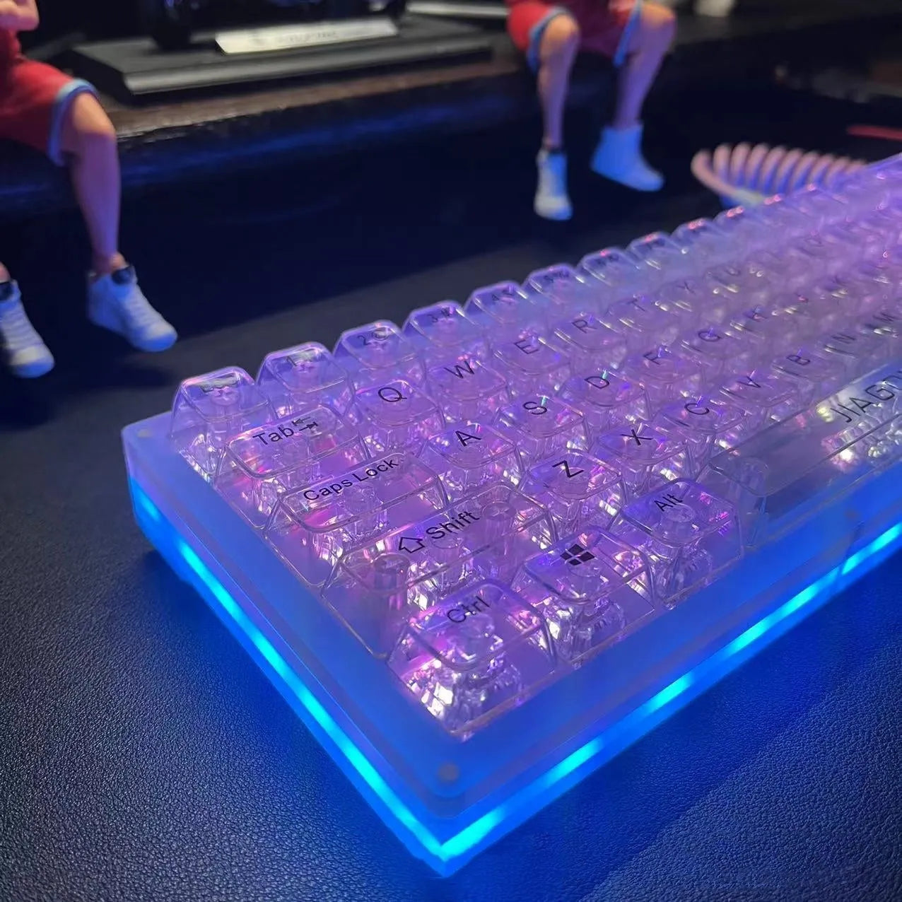 Full set of 132 transparent plastic key caps for mechanical keyboards laid out.