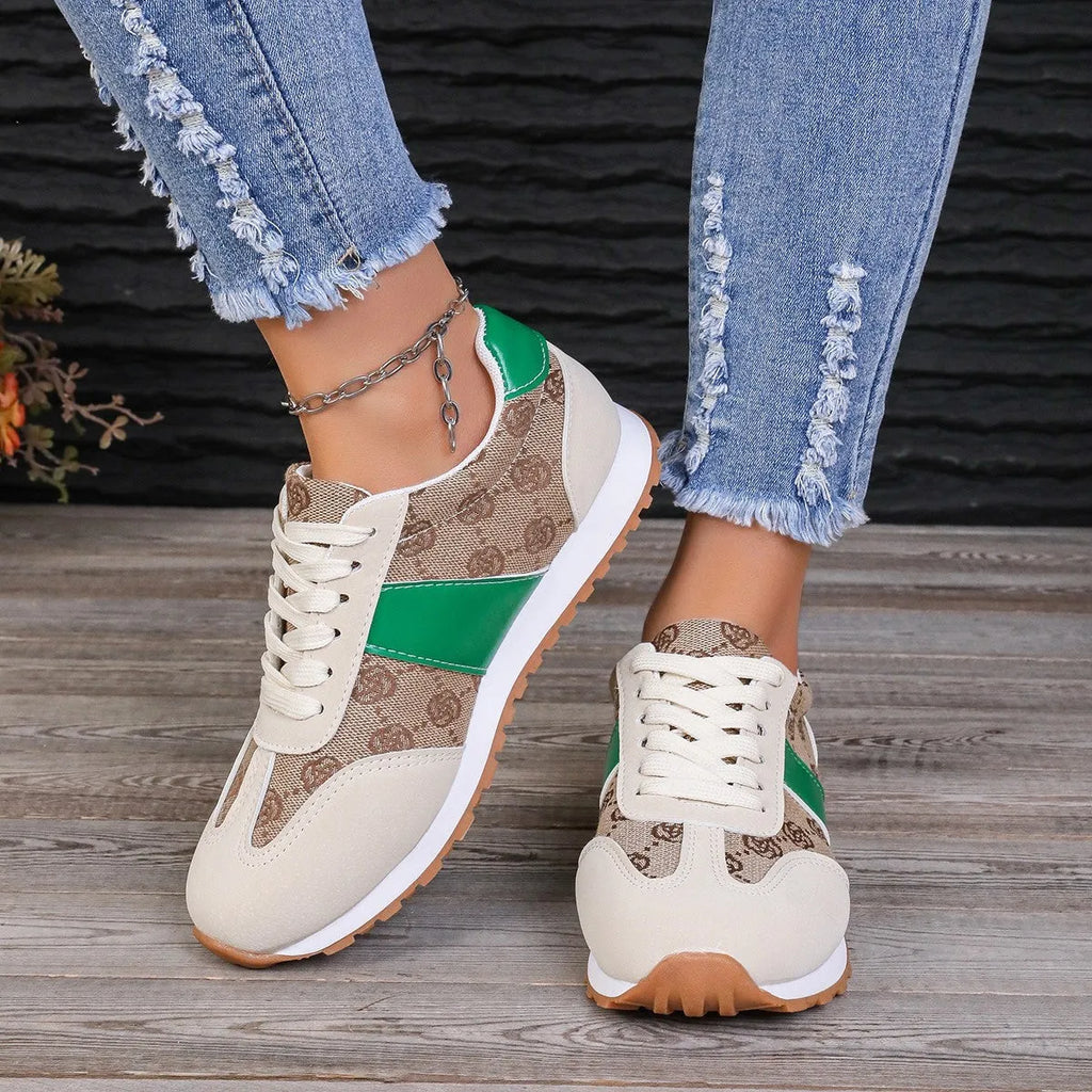 Women's oversized casual flat lace-up shoes in khaki with round toe and cross strap