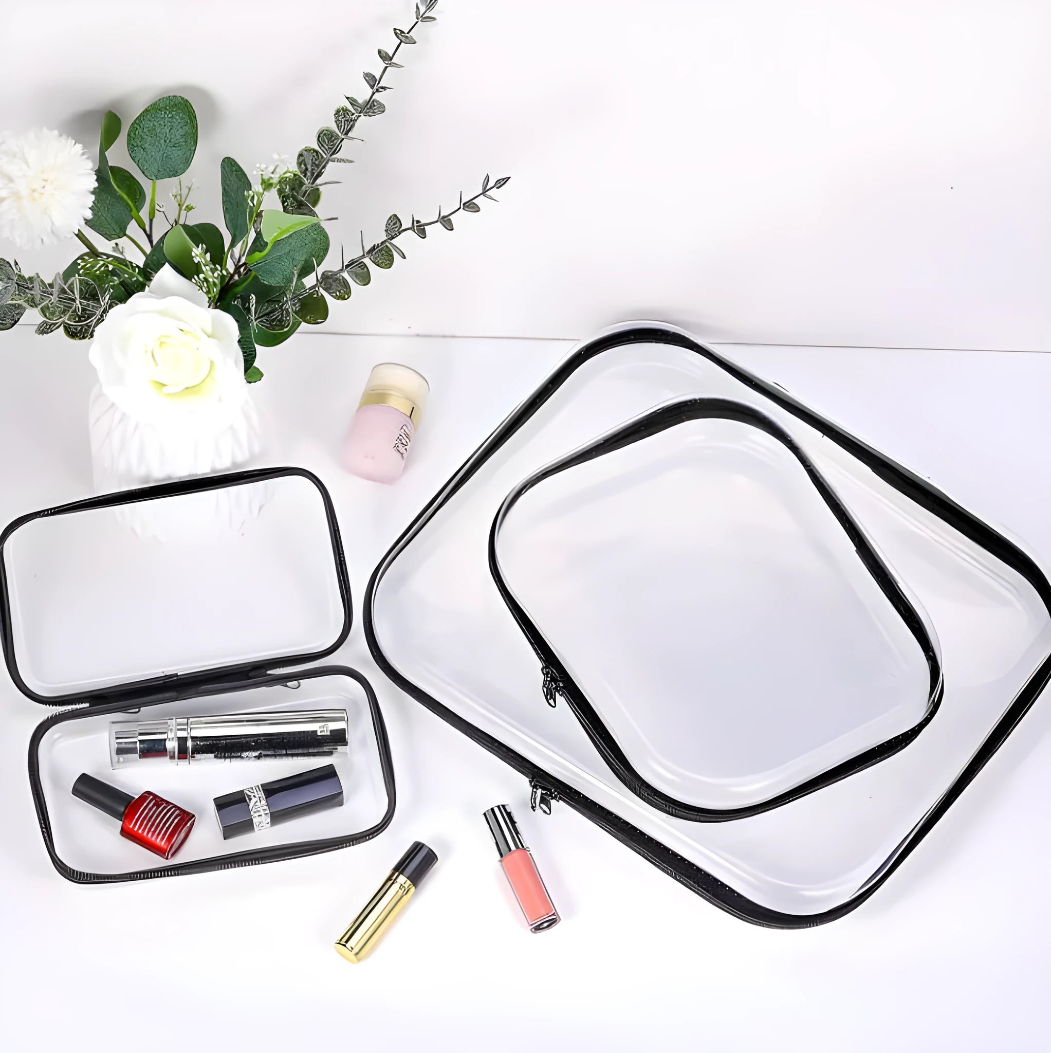 Transparent PET zipper storage bag in cube shape, showing contents through clear plastic
