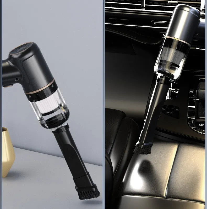 Black wireless handheld vacuum cleaner with tyre inflator and multiple nozzle attachments