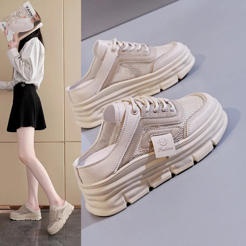 Women's mesh half slippers with height increasing insole in black, khaki or white colours