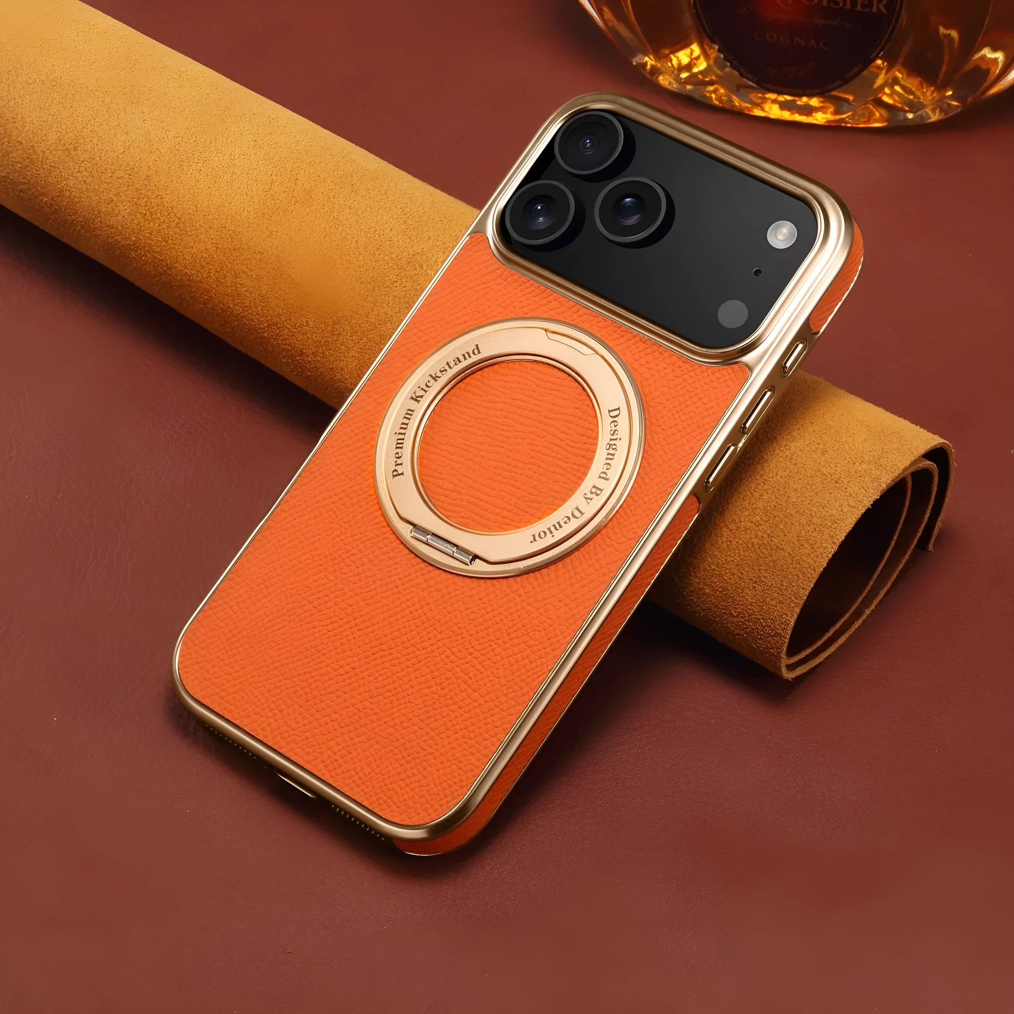 Denior genuine leather electroplating magnetic phone case with bracket for Apple iPhone