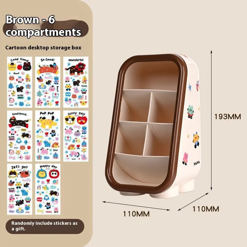 Red and brown cartoon sticker designs on a plastic desktop storage box with grid organiser compartments.