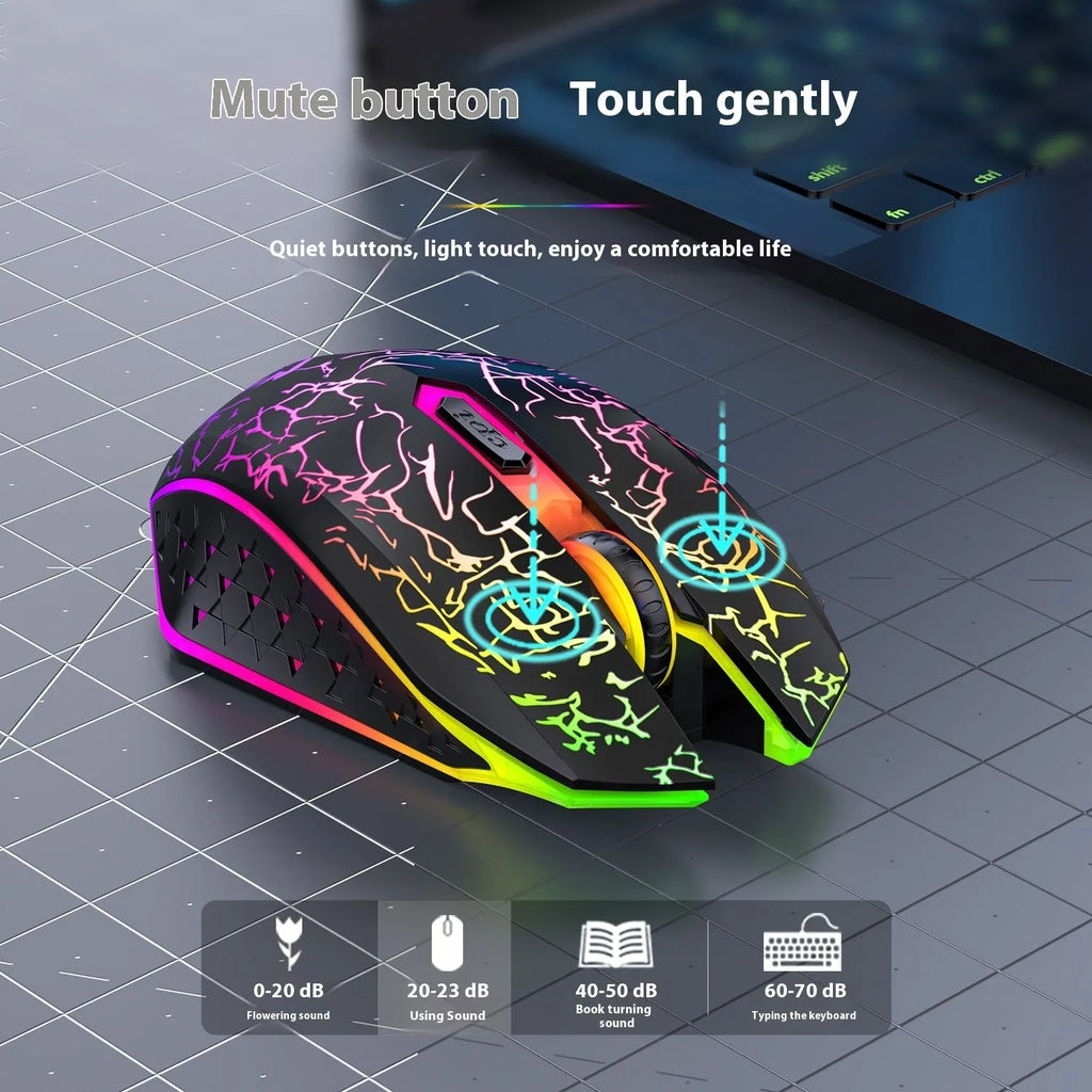 Black and white versions of wireless gaming mouse with RGB lighting on desk