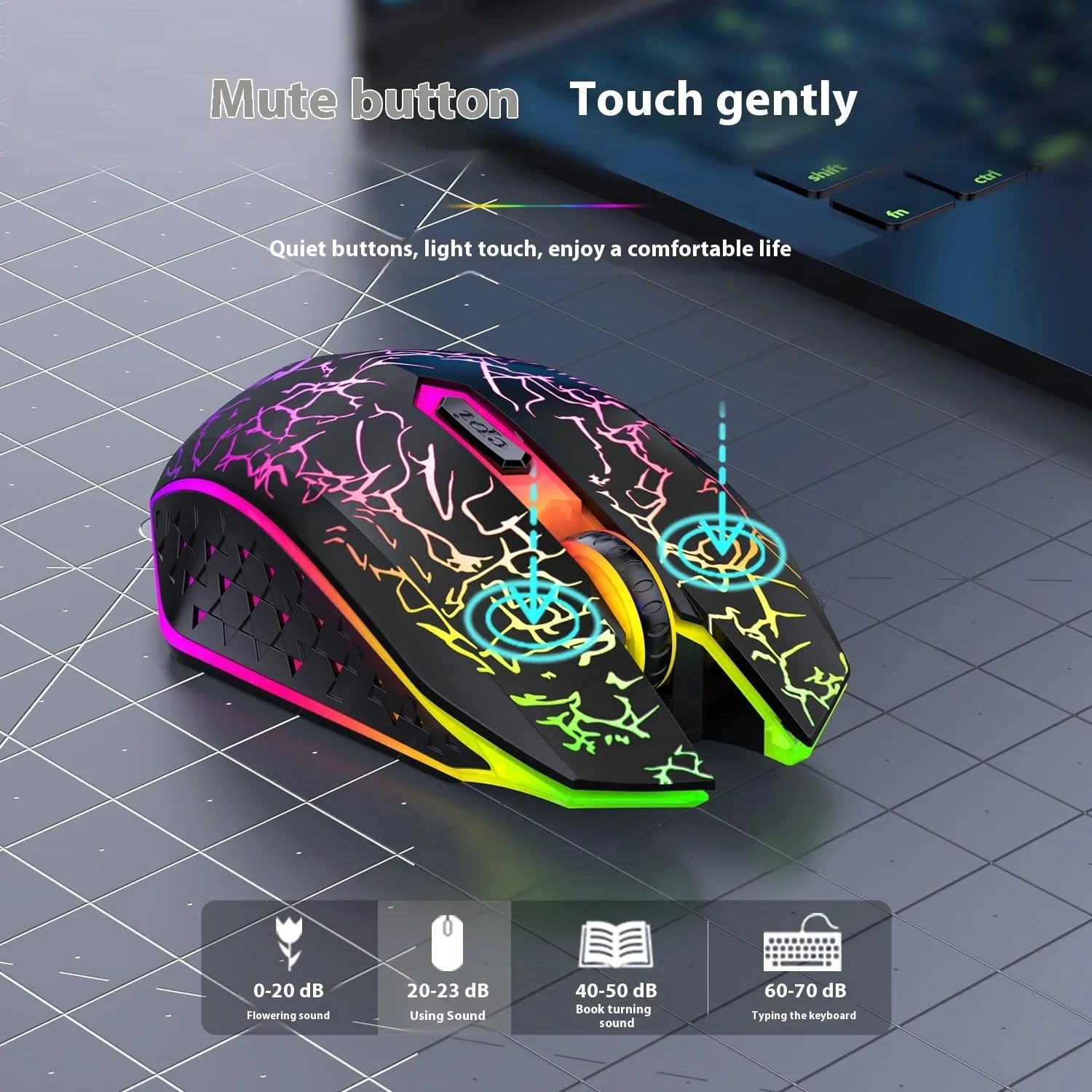 Black and white versions of wireless gaming mouse with RGB lighting on desk