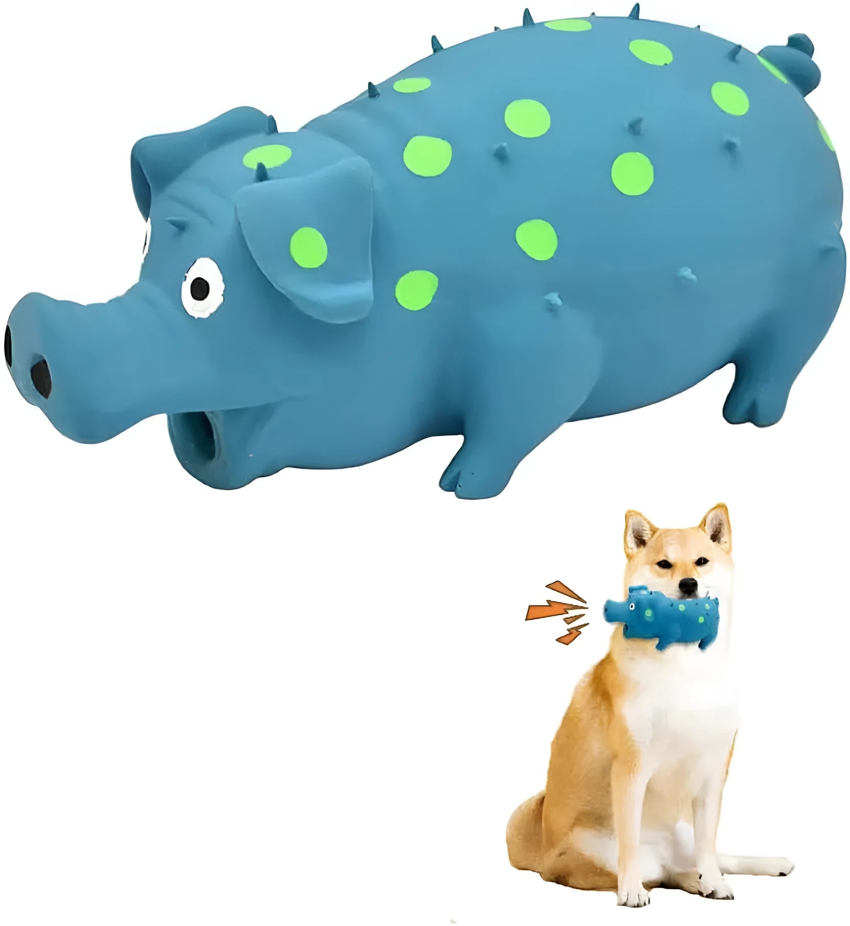 Blue pig-shaped latex dog chew toy with squeaker for aggressive chewers and teeth cleaning