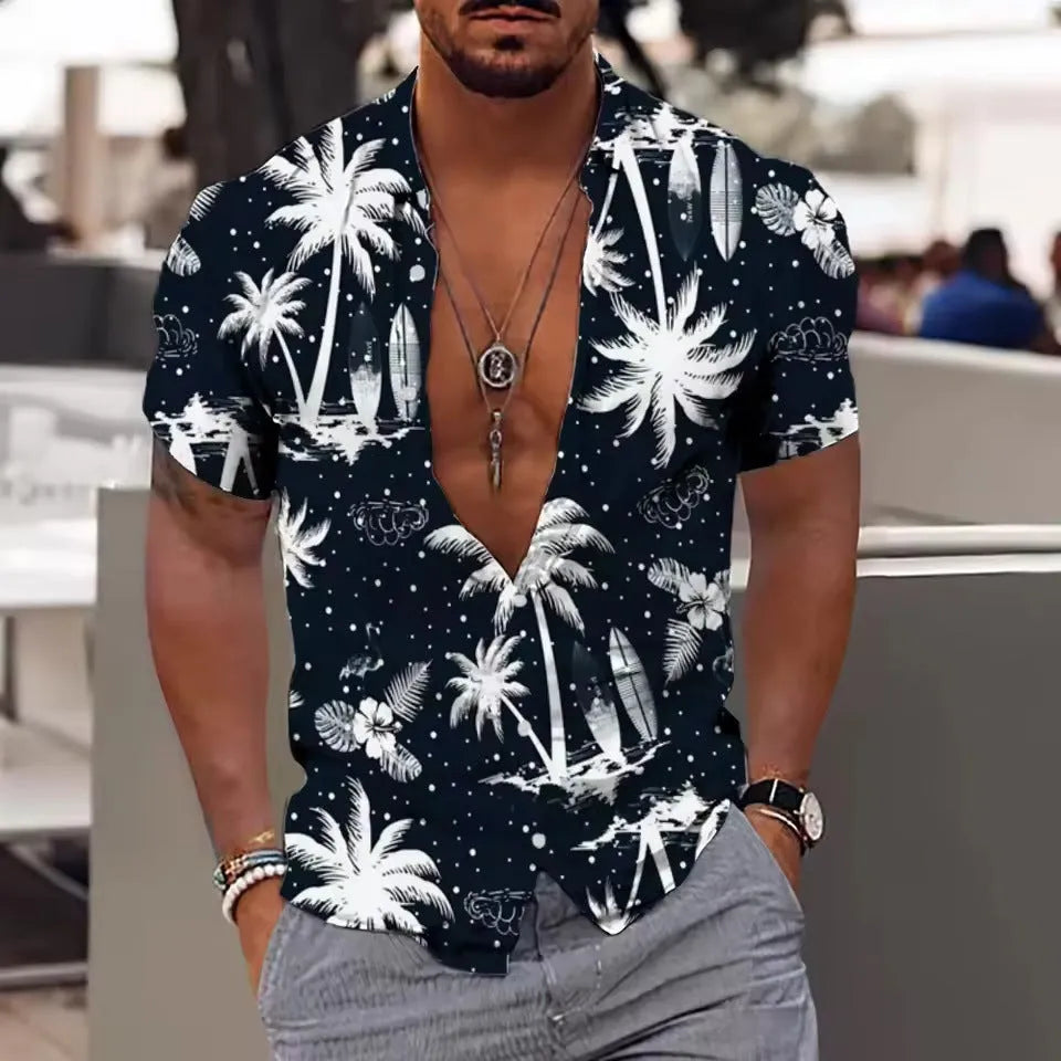Men's floral print short sleeve shirt in loose cardigan style for summer